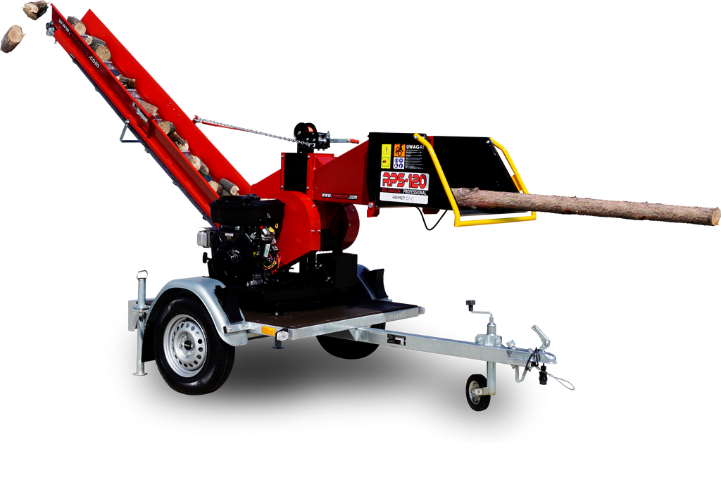 Remet RPS-120 PROFESSIONAL benzinmotoros ágaprító + 2,3 m szalag + forgózsámoly + utánfutó – 2. kép
